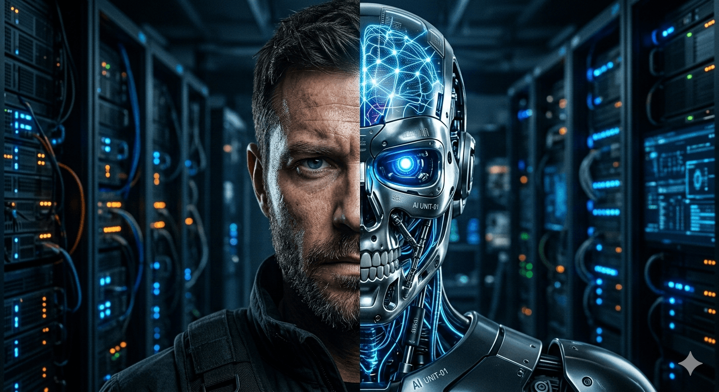 AI vs Humans comparison futuristic artificial intelligence vs human intelligence concept